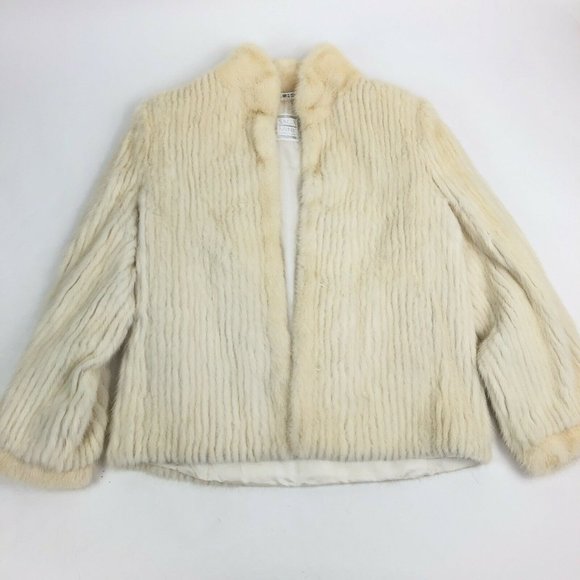 Women's Vintage White Saga USA Mink Fur Jacket Ribbed Size M Pockets KOREA Made - Picture 1 of 10